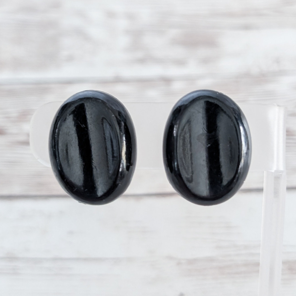 Vintage Clip On Earrings Large Retro Black Oval with Pushed In Design